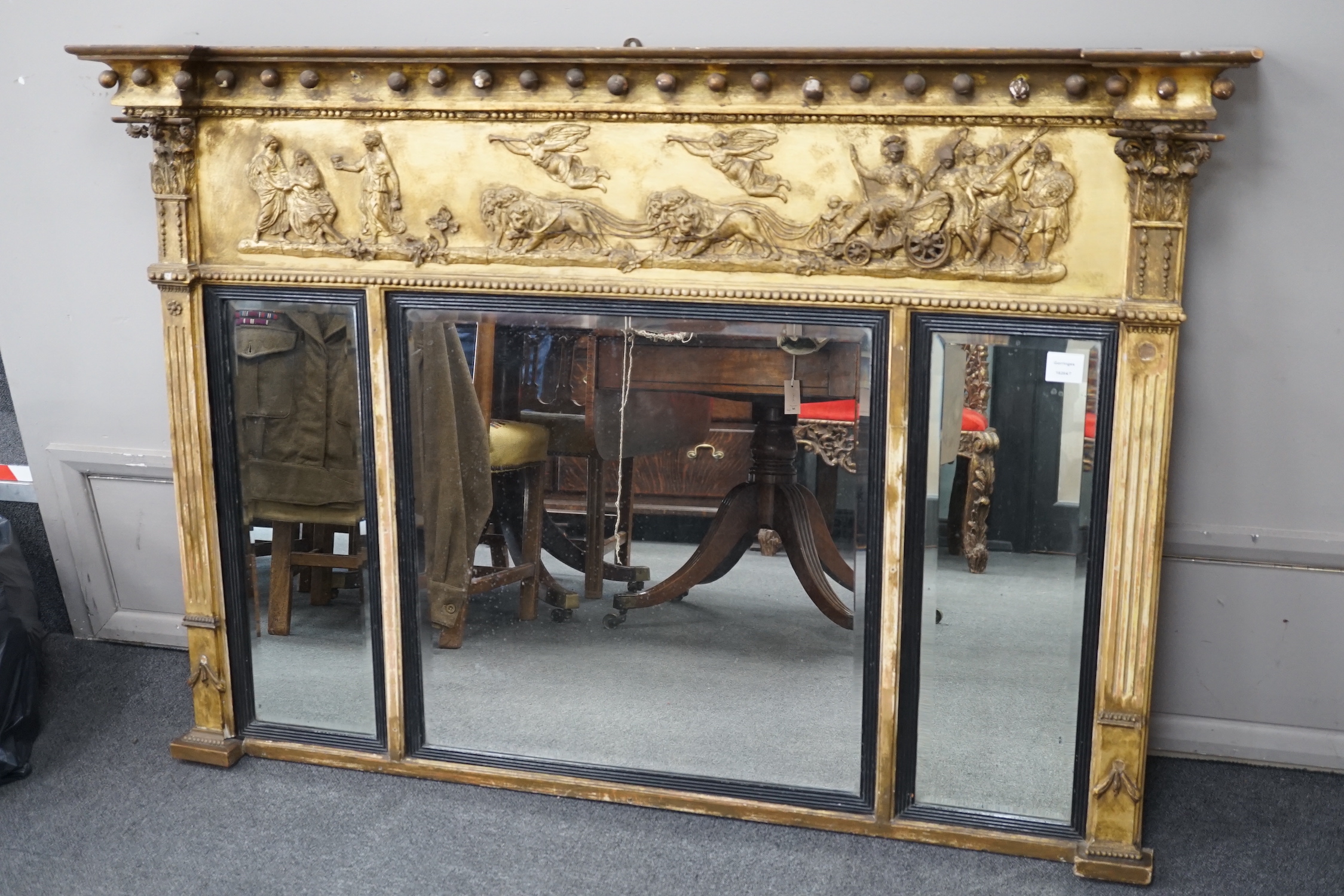 A 19th century neoclassical giltwood and composition overmantel mirror, width 140cm, height 98cm